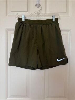 Mens Nike Olive Athletic Running Shorts with White Swoosh